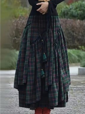 Plaid Tiered Maxi Skirt in Dark Green
